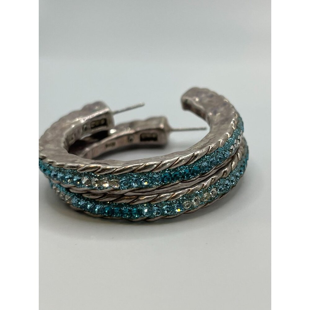 Sterling‎ Silver Hoop Earrings With Blue Crystal Accents 925 Marked
